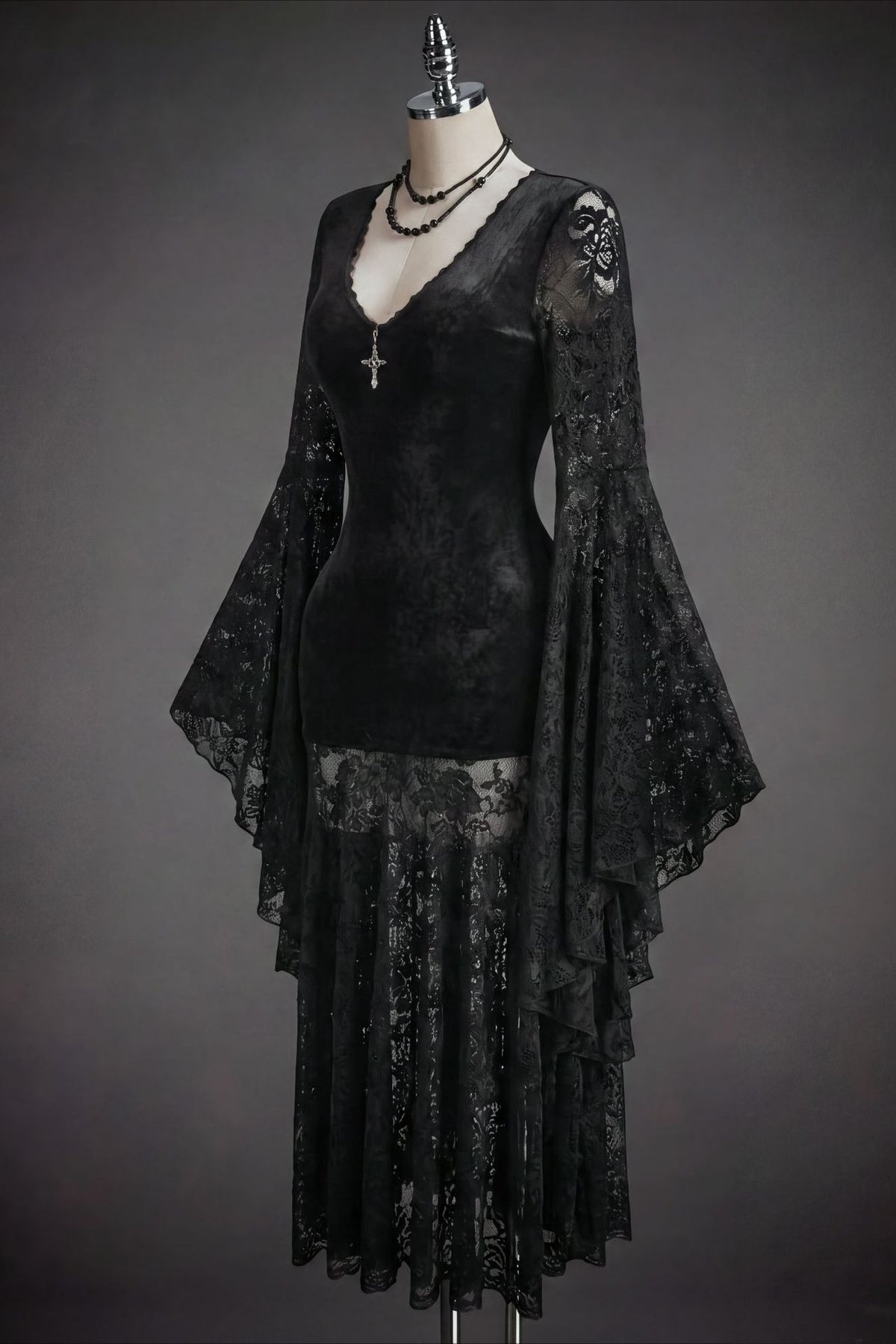 Lace Sleeve Velvet Effect Maxi Dress