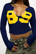 Number Print Long Sleeve Crop Tops