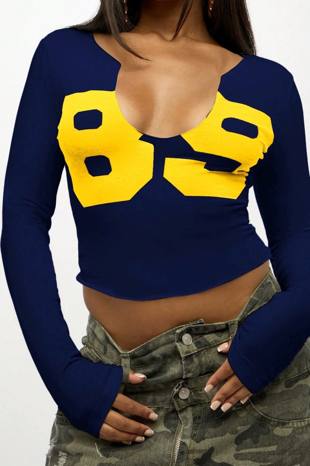 Number Print Long Sleeve Crop Tops