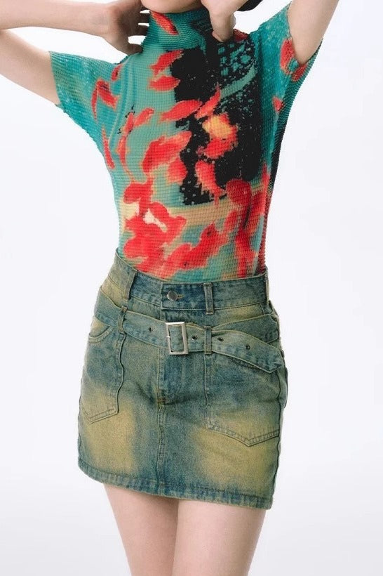 Millennium Goldfish Print Ruched Knit T-Shirt