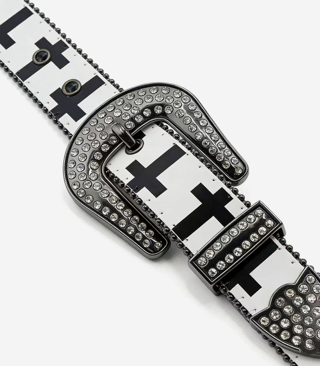 Black And White Cross Rhinestone Print Belt