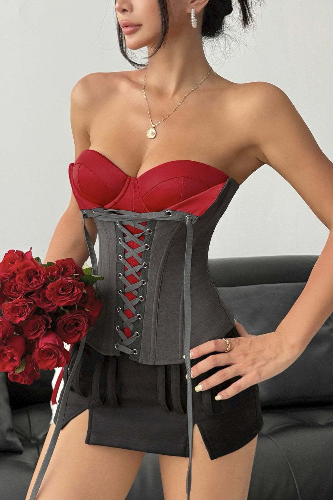 Contrast Cup Front Lace Corsets