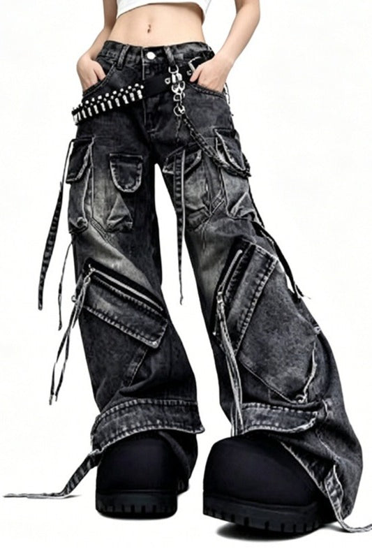 Multi-Pocket Strap Cargo Jeans