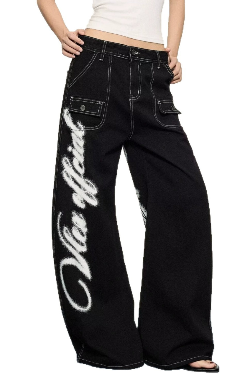 Wing Print Wide Leg Denim Pants Main image