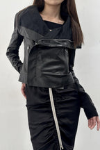 Deconstructed Lapel Waist-fit Short Leather Biker Jacket