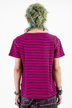 Striped Gothic Cross Printed Vintage Wash T-shirt