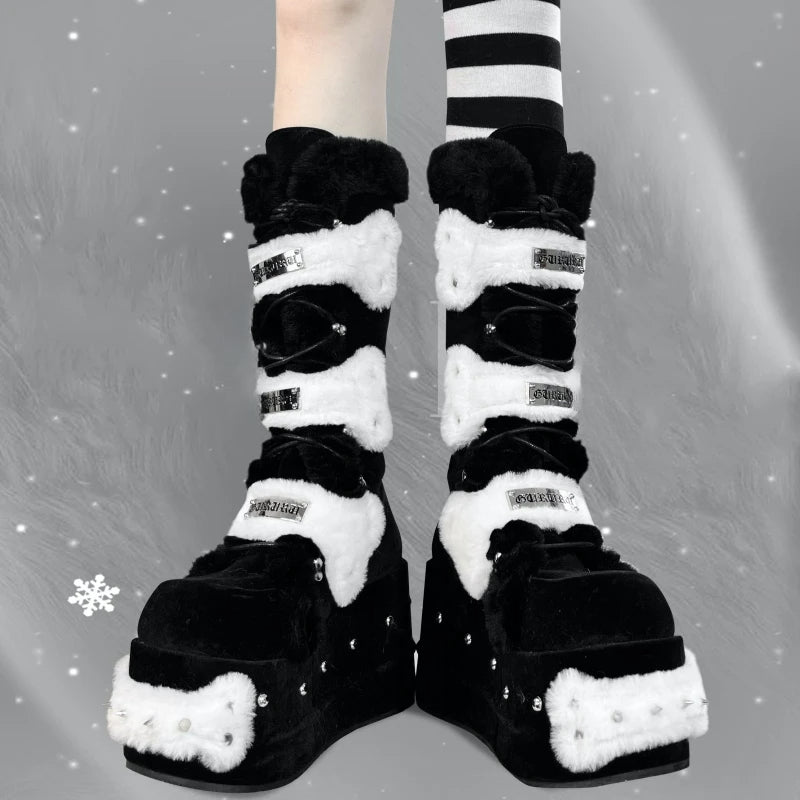 Suede Rivet Knee High Chunky Heeled Gothic Boot