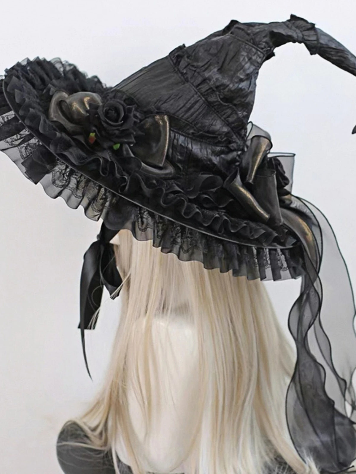 Black Witch Hat Gothic Rose Bow Lace Trim Hat Secondary image
