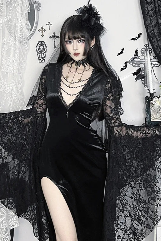Goth Dark Lace Velvet Batwing Sleeve Maxi Dress Secondary image
