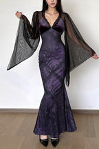 Printed Mesh Sleeve Fishtail Maxi Dress