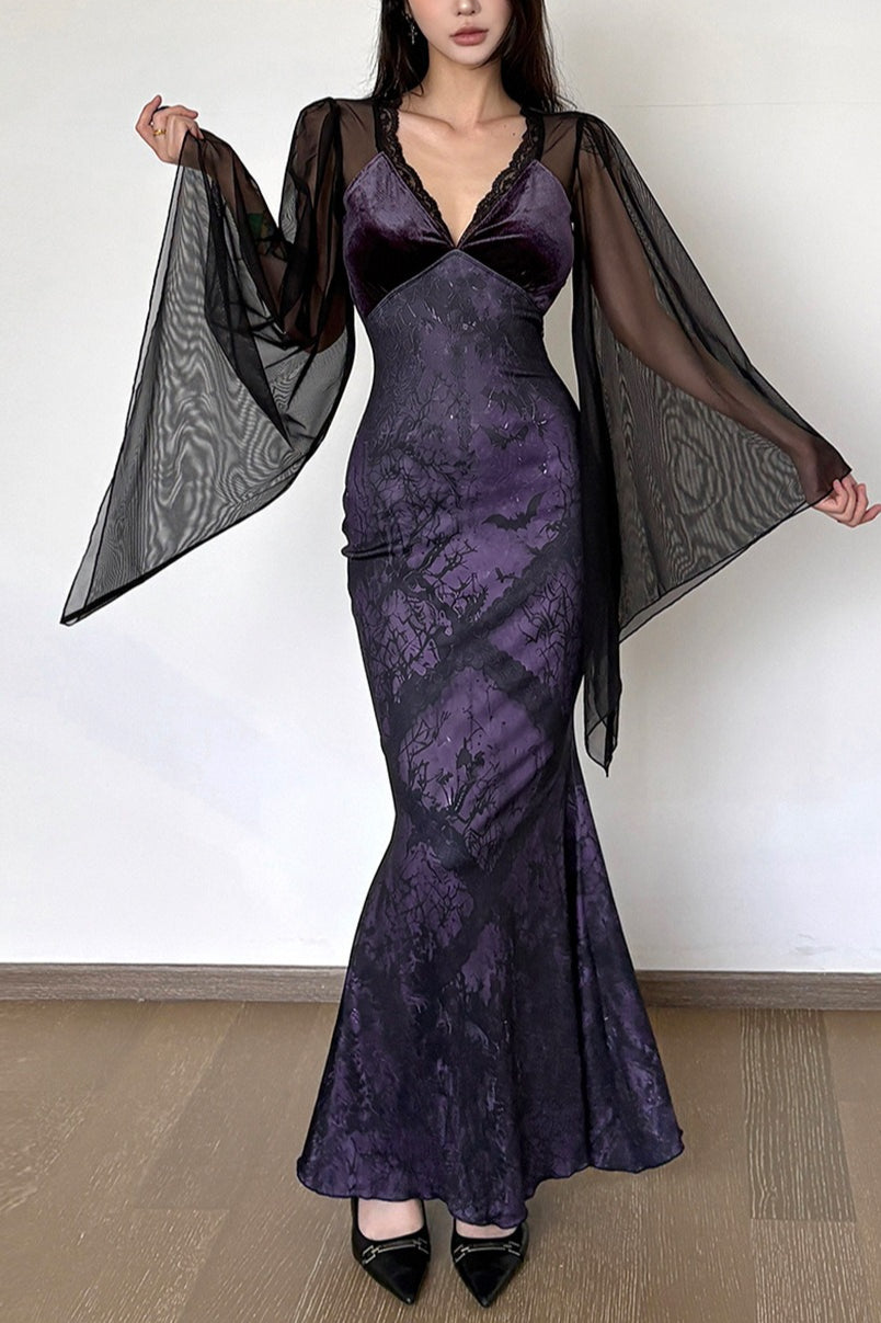 Printed Mesh Sleeve Fishtail Maxi Dress