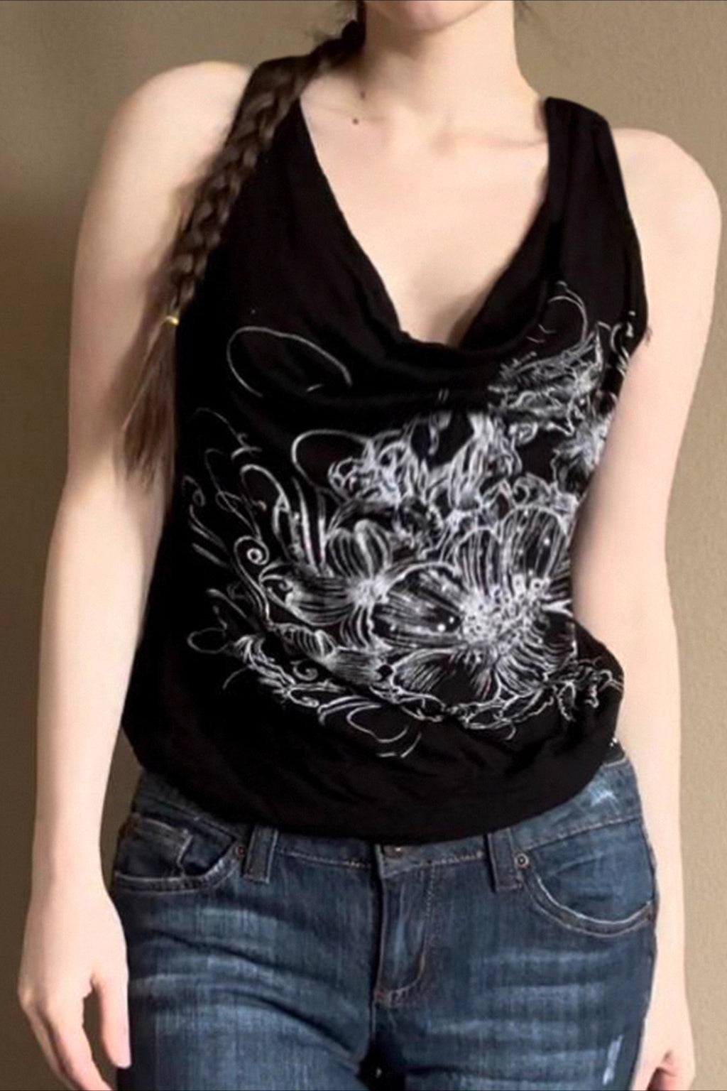Convertible Cowl Neck Graphic Top