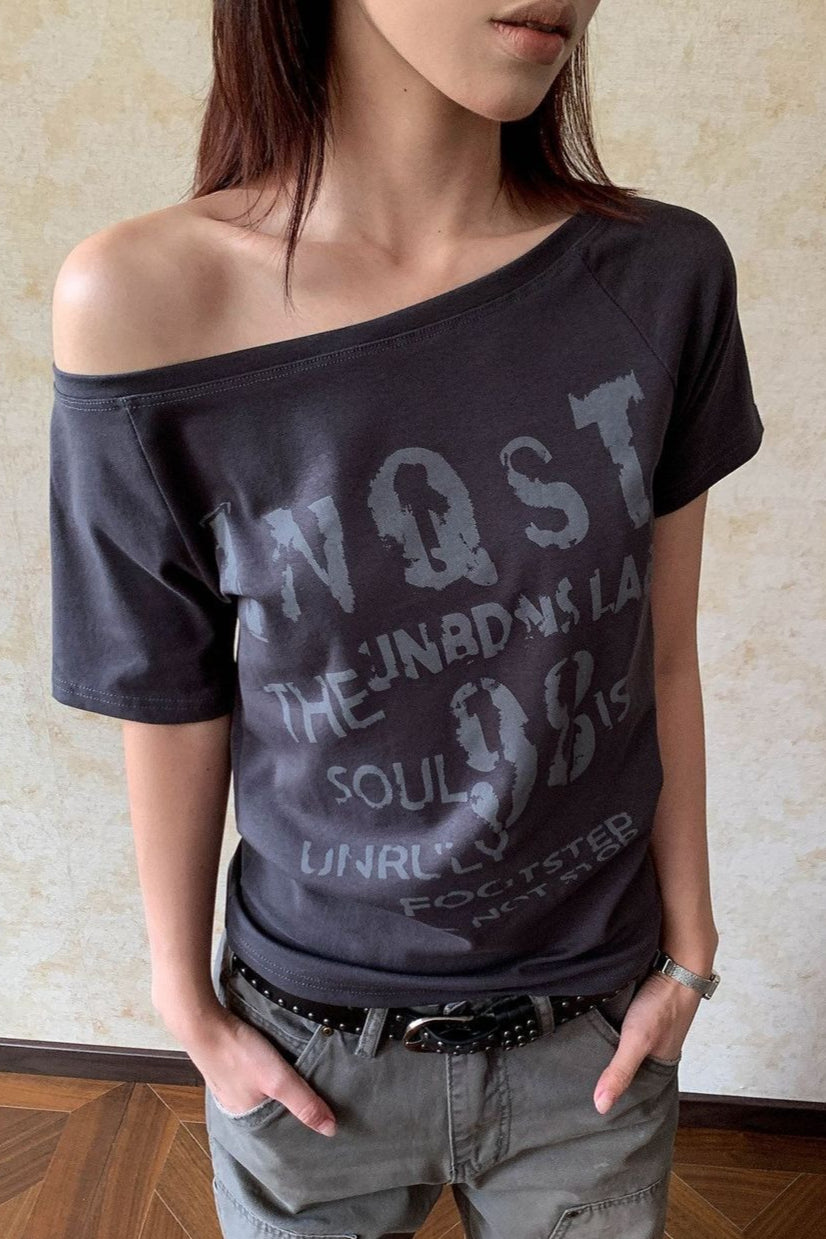 Wide Neck Letter Print T-Shirt