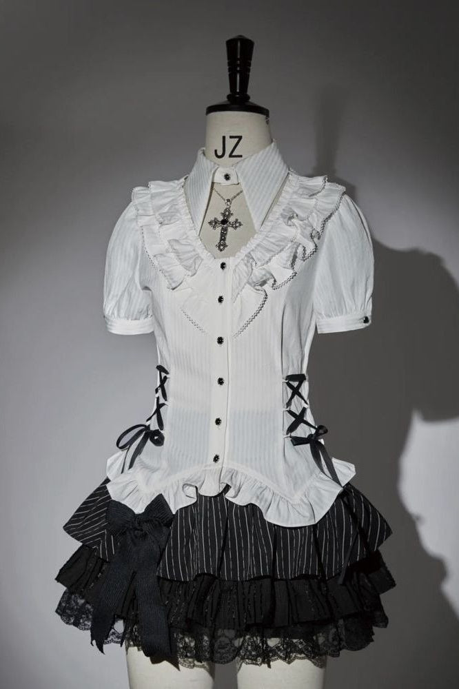 White Gothic Blouse And Tiered Mini Skirt Set