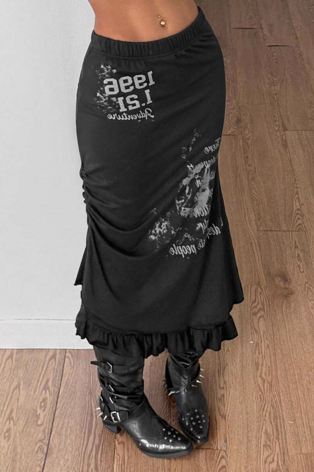 Gothic Punk Print Ruffled Midi Skirt Main image