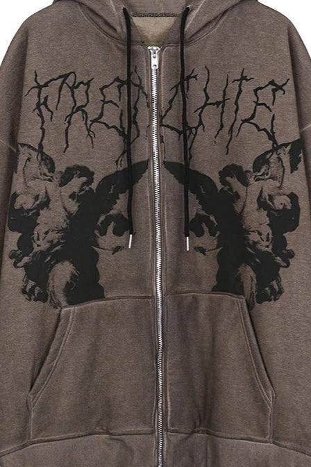 Angel Graphic Washed Oversized Zip Hoodie Secondary image