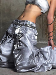 High Waist Cyber Print Wide Leg Fold Drop Pants