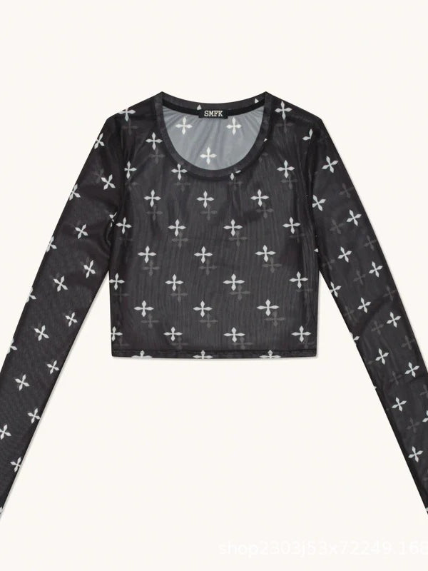Sexy Slim Fit Mesh Long Sleeve Mesh Top