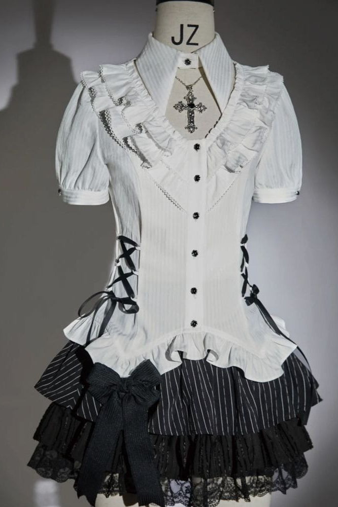White Gothic Blouse And Tiered Mini Skirt Set Main image