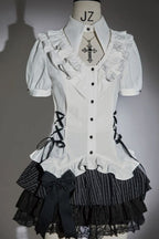 White Gothic Blouse And Tiered Mini Skirt Set