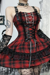 Red Plaid Lace Patchwork PU Strap High Waist Mini Dress