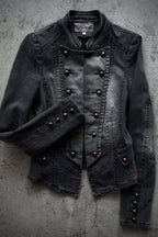 Military Stud Washed Fitted Denim Jacket