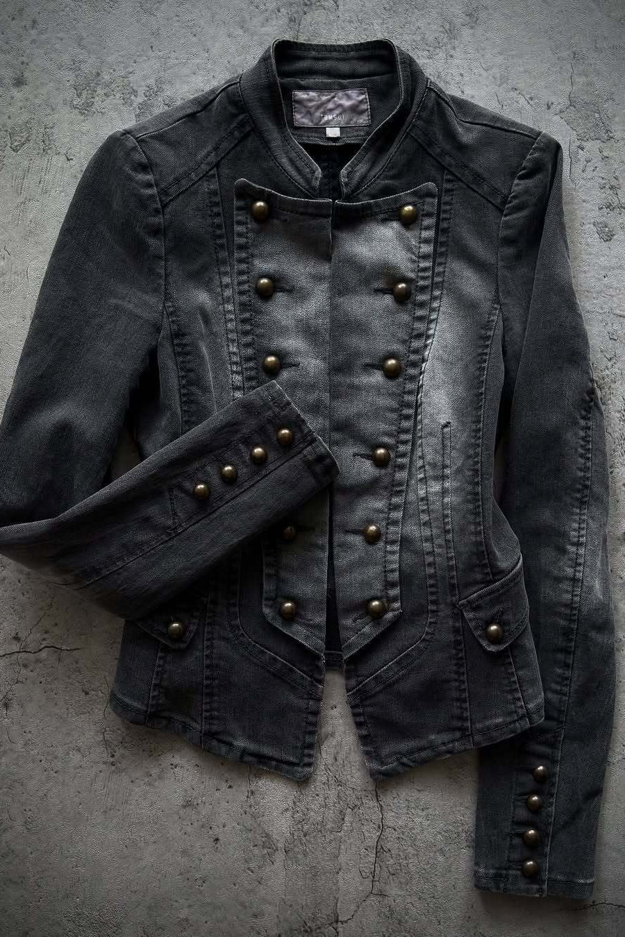 Military Stud Washed Fitted Denim Jacket