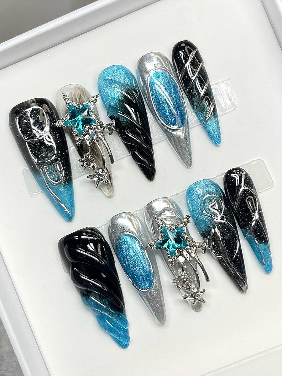 Blue Cat Eye Press On Nails
