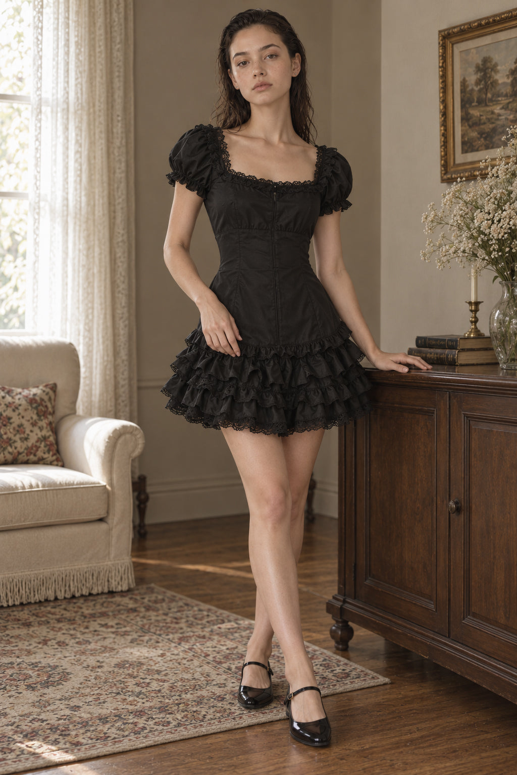 Sweet Lace Ruffle Waist Mini Dress