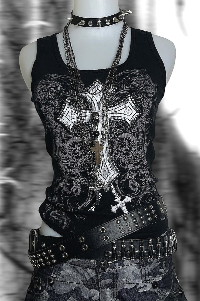 Vintage Y2K Dark Street Cross Skull Print Tank Top Main image