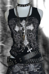 Vintage Y2K Dark Street Cross Skull Print Tank Top