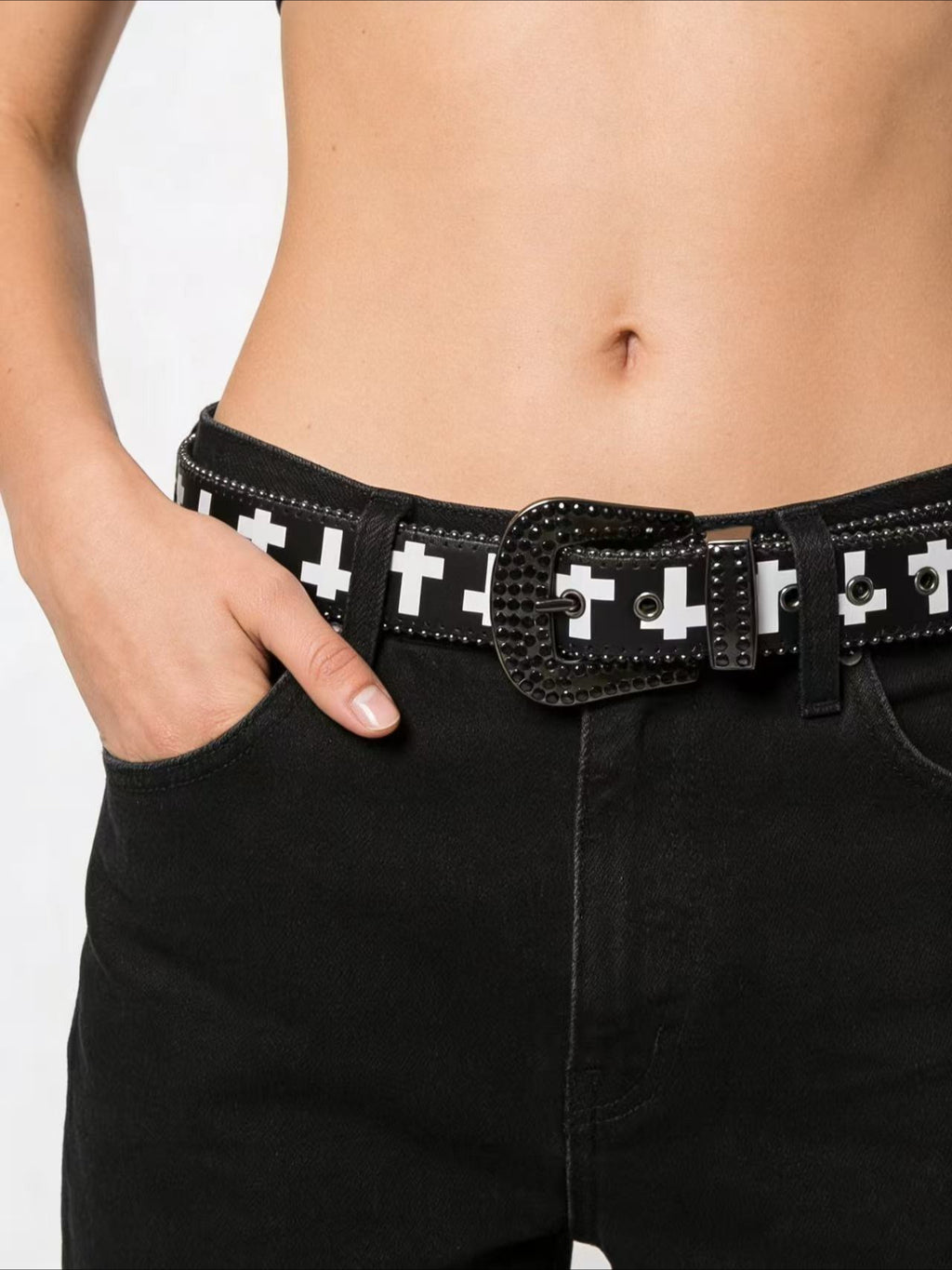 Black And White Cross Rhinestone Print Belt