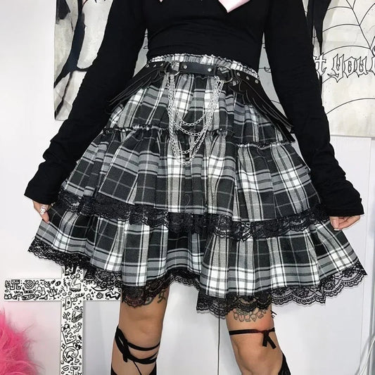 Preppy Plaid Patchwork Lace Skirt