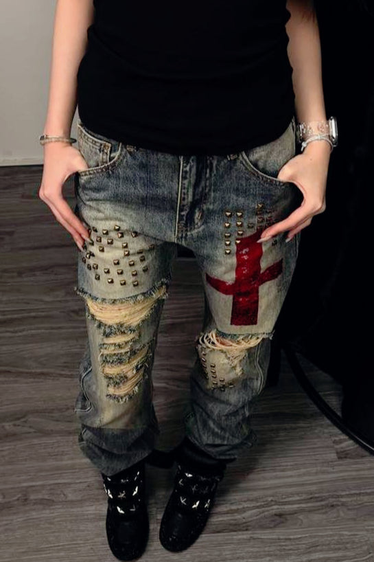 Red Cross Studded Denim Pants
