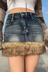 Washed Patchwork High Waist A-Line Skirt