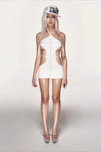 White Rhinestone Cutout Halter Mini Dress