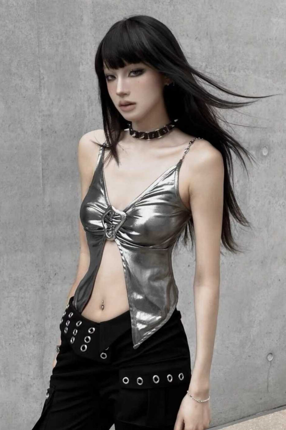 Cyber Liquid Metal Silver V Neck Buckle Cami Crop Top Main image