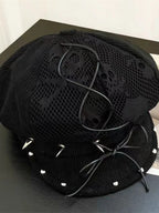 Harajuku Gothic Punk Rivets Bow Skull Lace Black Flat Top Hat
