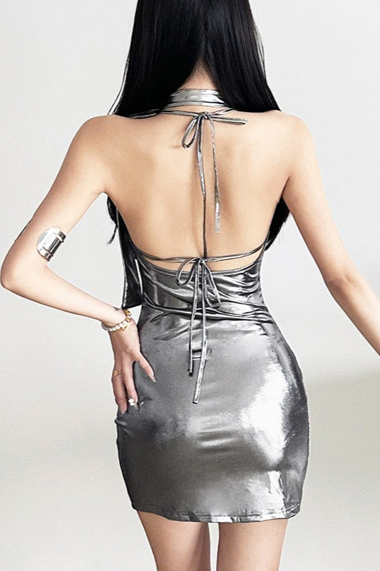Laser Metallic High Waist Halter Mini Dress Secondary image