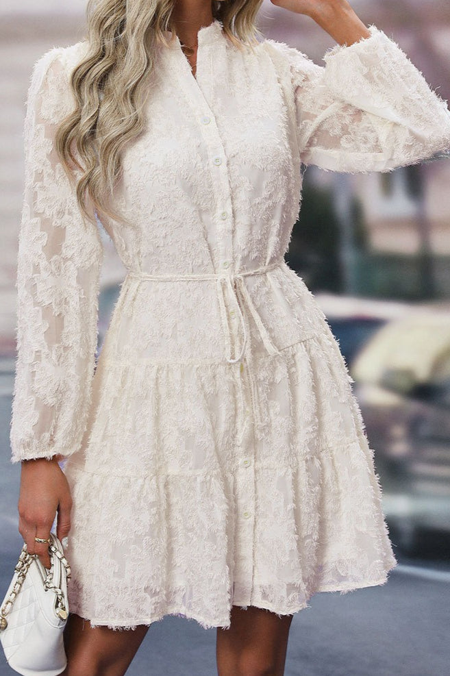 Button Front Floral Lace Tie Waist Dress