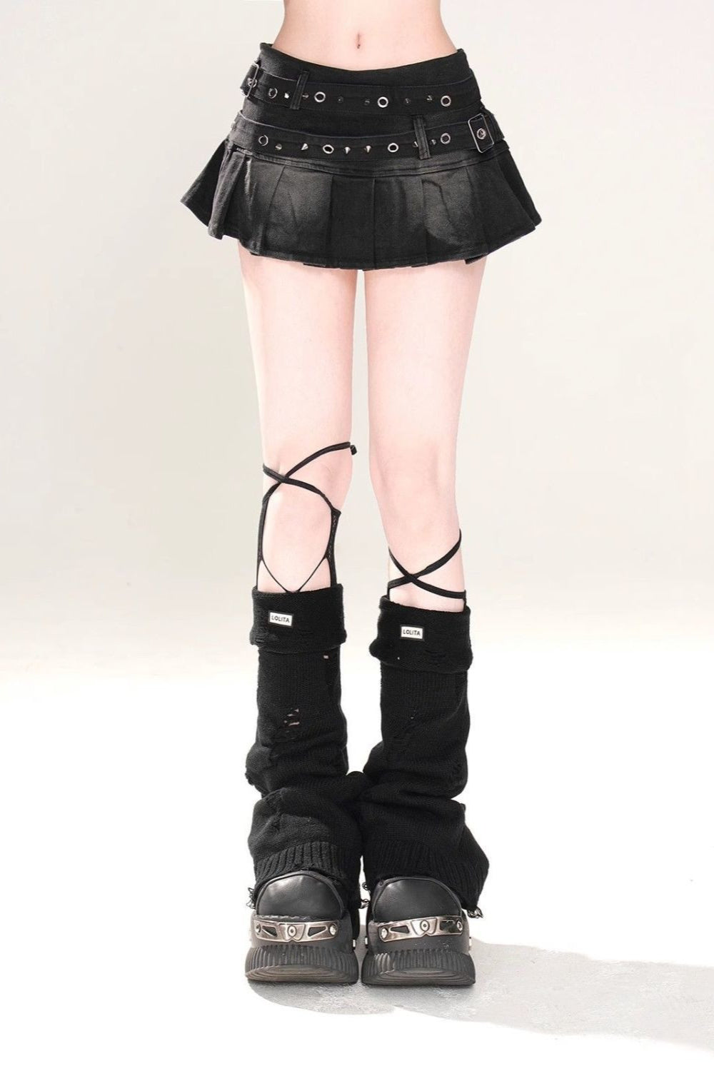 Studded Belt Pleated Denim Mini Skirt