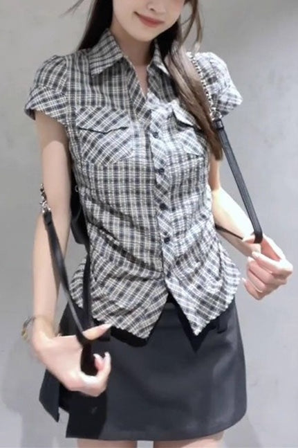 Slim Fit Plaid Short Sleeve Blouse Main image
