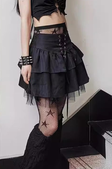 Black Lace-Up Layered Mini Skirt
