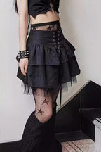 Black Lace-Up Layered Mini Skirt