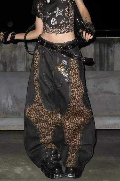 Leopard Mesh Panel Barrel Jeans