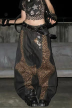 Leopard Mesh Panel Barrel Jeans
