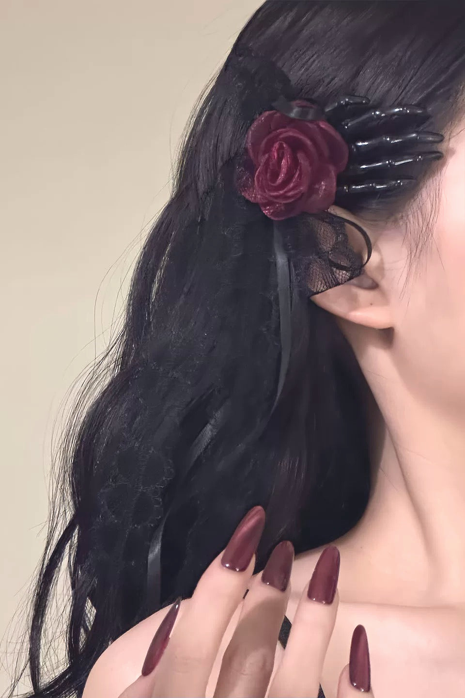 Gothic Skull Hand Rose Hair Accs