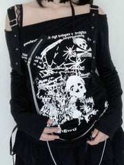 Y2K Gothic Skull Spider Ruching Off Shoulder Long Sleeve Tank Top