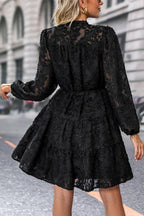 Button Front Floral Lace Tie Waist Dress