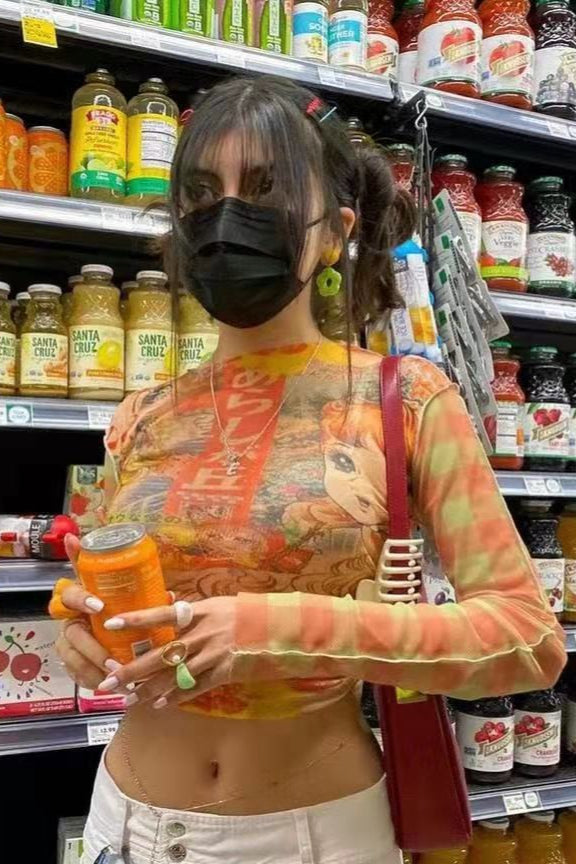 Trendy Sheer Mesh Long Sleeve Graphic Mesh Top Main image